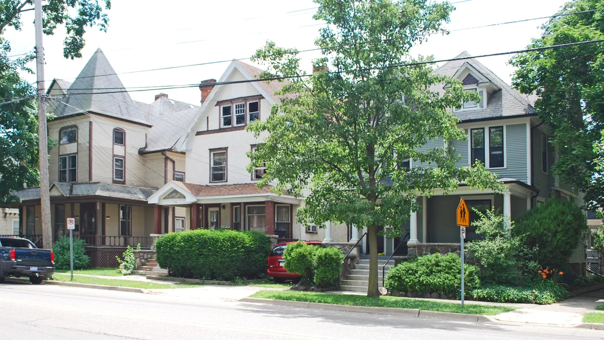 A street of older two-storey homes in the Vine Area Historic District, Kalamazoo, Michigan