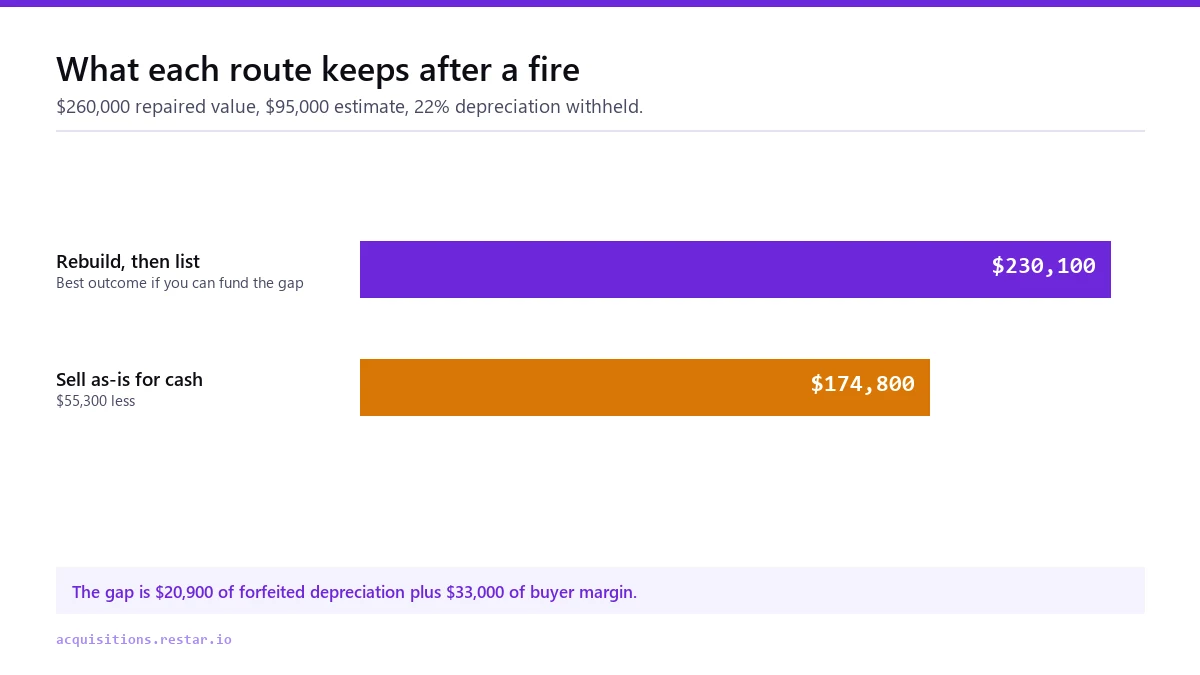 Bar chart comparing $230,100 kept by rebuilding and listing against $174,800 kept by selling as-is, with the $55,300 gap split into $20,900 forfeited recoverable depreciation and $33,000 buyer margin
