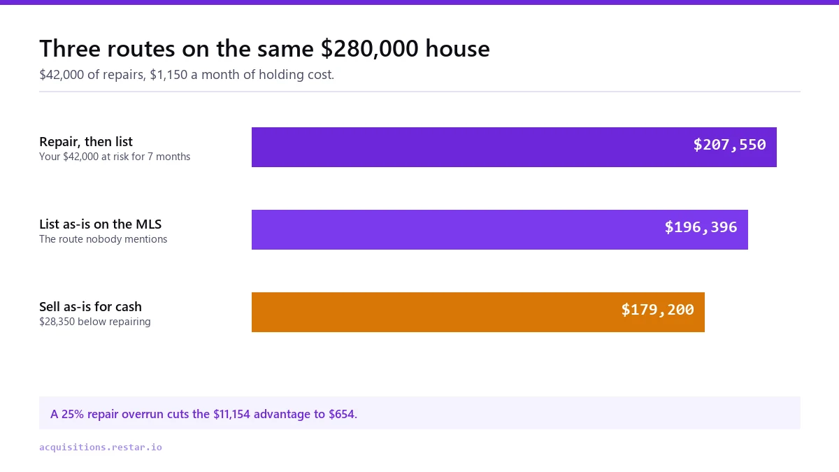 Bar chart comparing $207,550 kept by repairing then listing, $196,396 kept by listing as-is on the open market, and $179,200 kept by selling as-is for cash