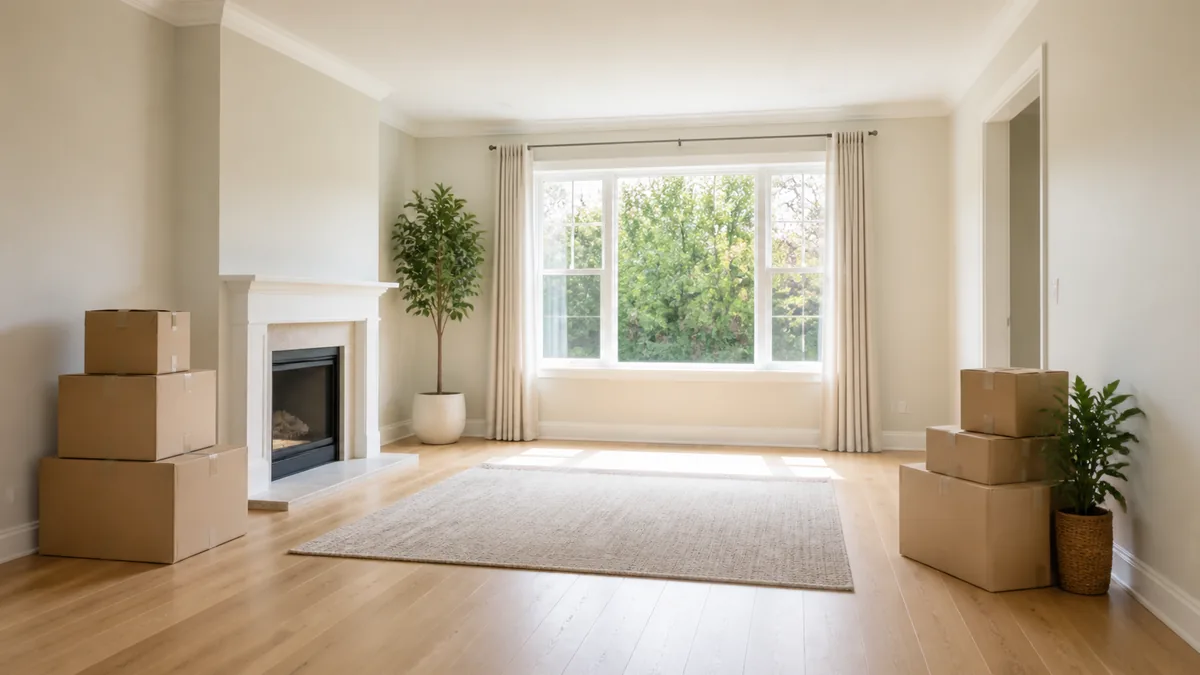 A bright empty living room prepared for a move